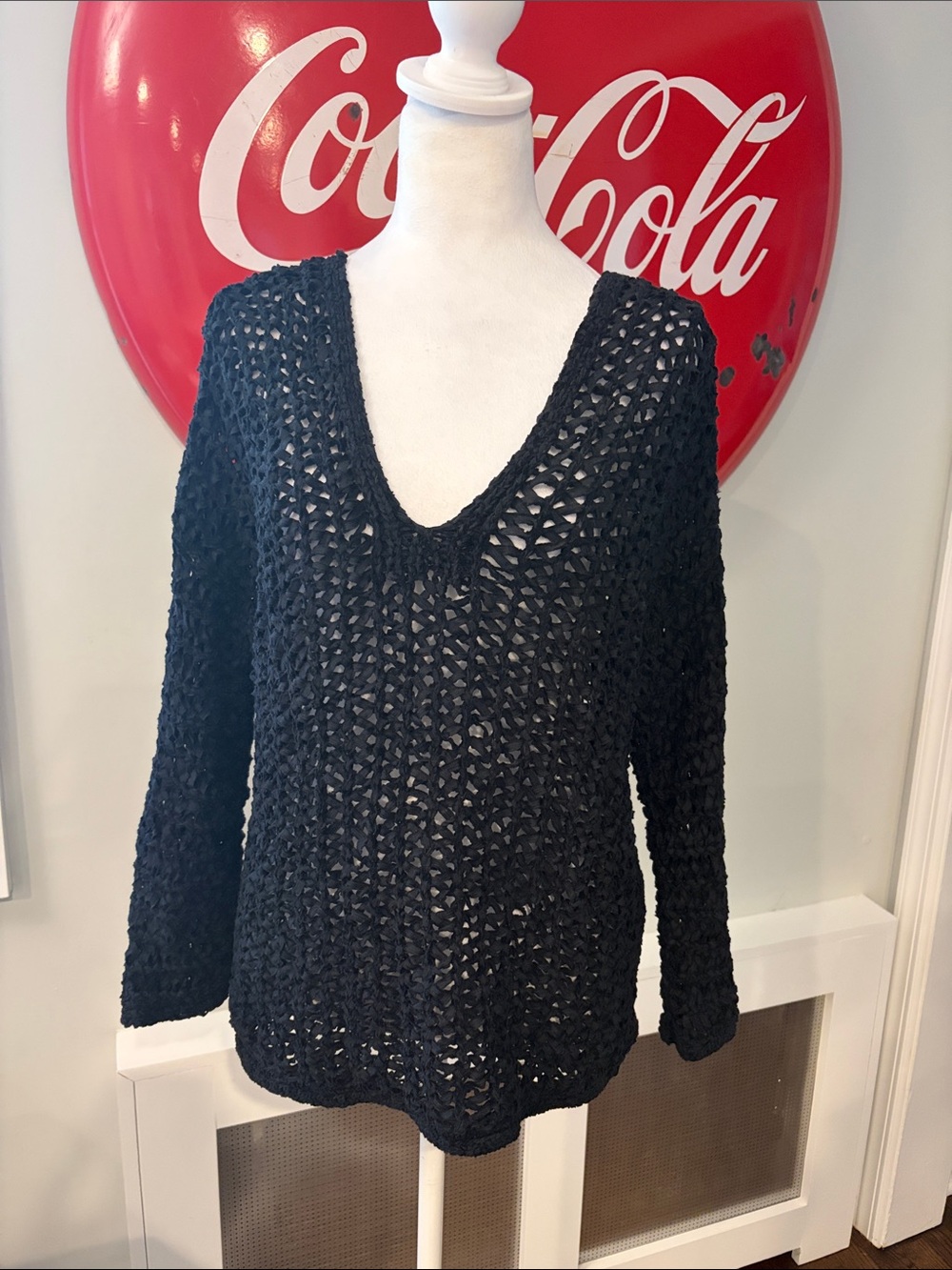 White + Warren Black Loose Weave Cotton V-Neck Crochet Knit Sweater, size M